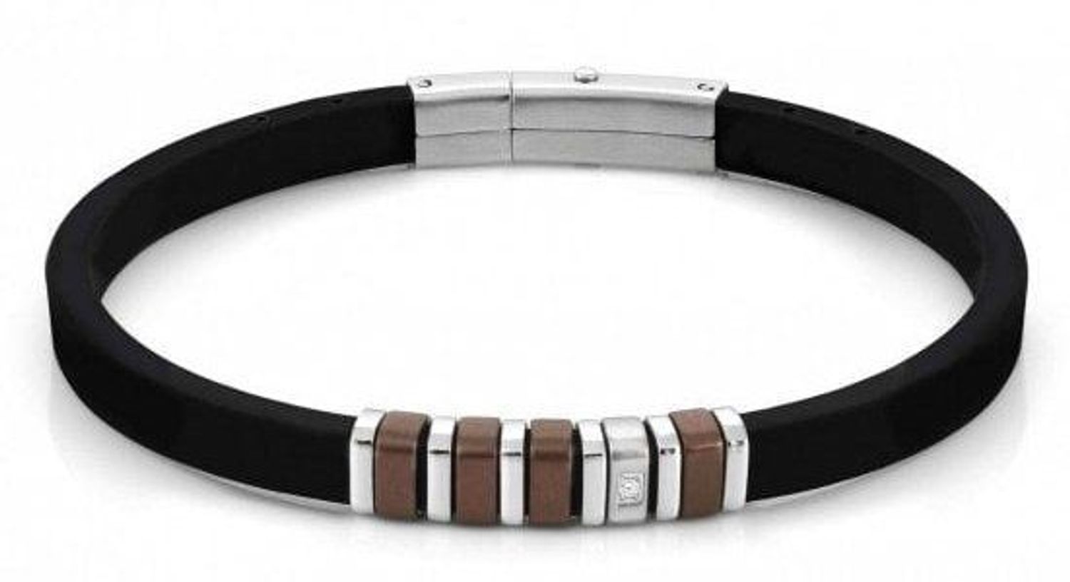 Bransoletka męska Nomination kauczuk z białą cyrkonią z kolekcji CIty 028804 028 z brązowymi elementami. Bransoletka w kolorze czarnym wykonana z kauczuku i stali szlachetnej 316L..jpg